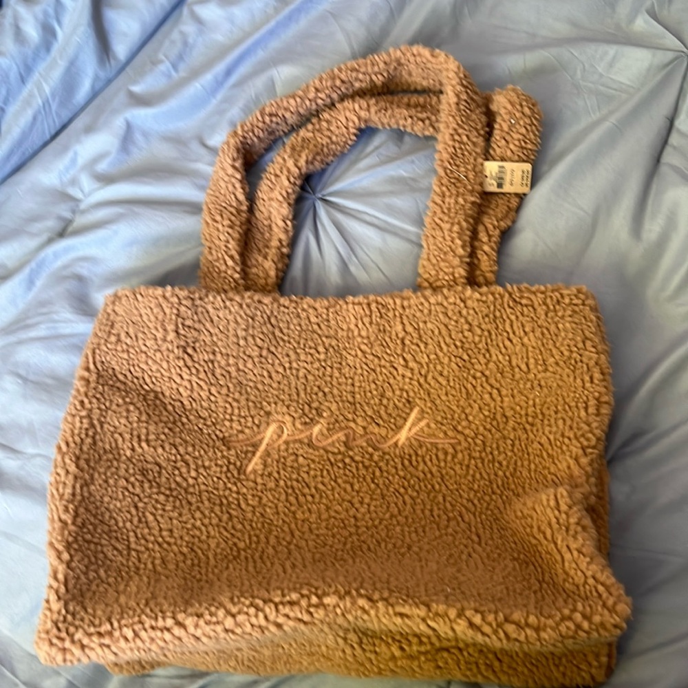 Victoria’s Secret PINK Cozy Plush Tote Bag NWT, light brown